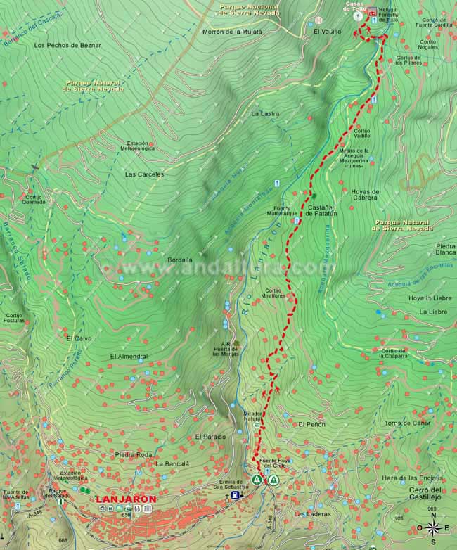 Mapa de Senderismo desde Lanjaron hasta las Casas de Tello