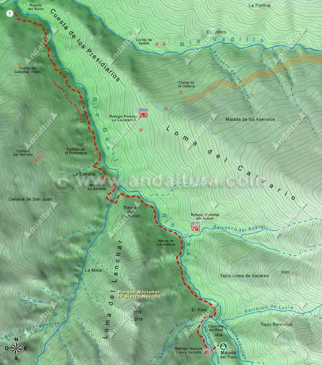 Mapa de la Vereda de la Estrella, desde el cruce al Puente del Burro hasta su final en la confluencia de los ríos y continuación hasta Cueva Secreta y la Majada del Palo