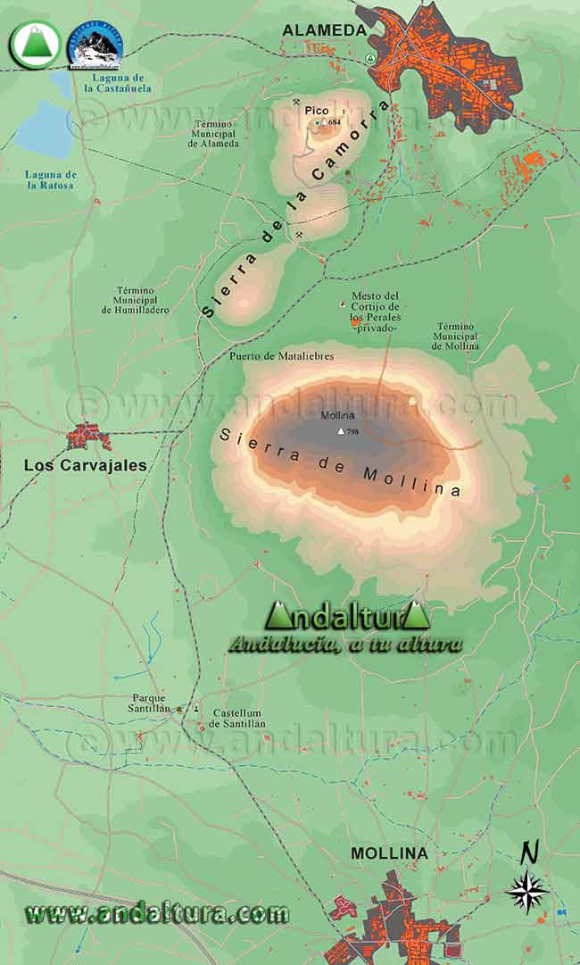 Mapa de situación de las Sierra de la Camorra y de Mollina