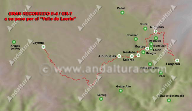 Mapa del Recorrido del GR-7 a su paso por el Valle de Lecrín