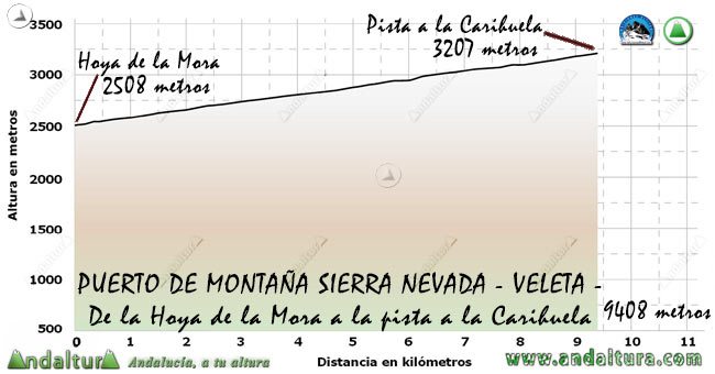 Perfil del Puerto de Montaña al Veleta, desde la Hoya de la Mora a la pista al Collado de la Carihuela