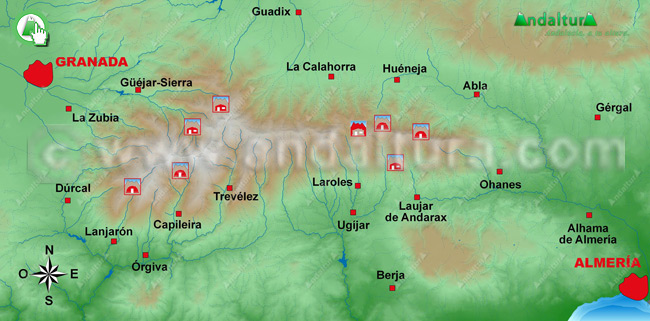 Mapa de los Refugios de Sierra Nevada